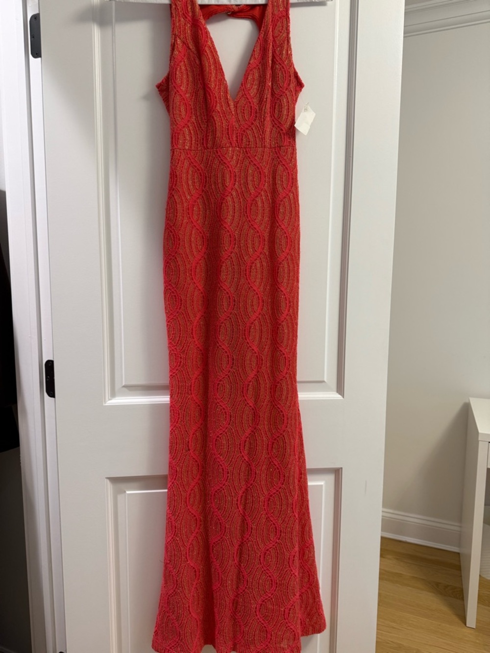 Coral & Gold Crochette Metalic V-Neck Evening Gown with Open Back